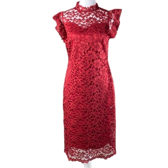 Enfocus Studio Red Lace Cocktail Party Holiday Midi Dress Size 6 - Picture 1 of 8